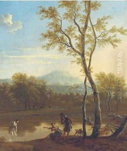 A wooded river landscape with an Arcadian scene by Nicolaes Berchem