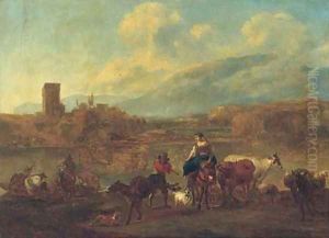 An Italianate landscape with cattle, drovers and travellers crossing a ford, a village beyond by Nicolaes Berchem
