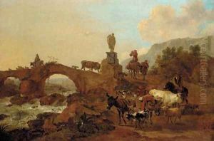 An Italianate landscape with drovers and their cattle crossing a bridge by Nicolaes Berchem