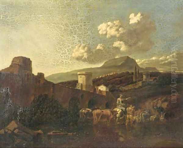 An Italianate landscape with drovers and their cattle fording a river - view 1