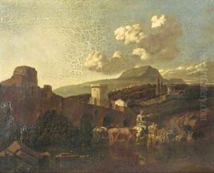 An Italianate landscape with drovers and their cattle fording a river