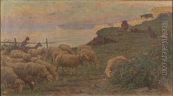 Herder With Sheep And Goats In A Cliff-side Pasture - view 1