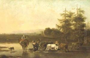 An Italianate landscape with drovers fording a river by Nicolaes Berchem