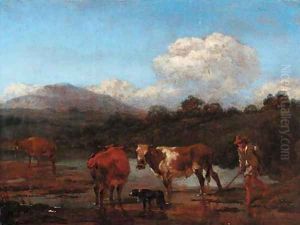 An Italianate landscape with herdsmen and cattle at a pool by Nicolaes Berchem
