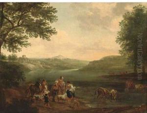An Italianate landscape with peasants and their cattle fording a river