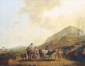 An Italianate landscape with two women and a shepherd and his cattle by Nicolaes Berchem