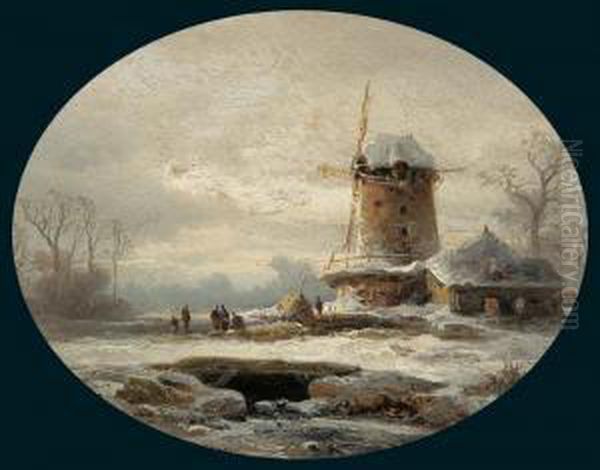 "ovale Romantische Winterlandschaft" Mit Personenstaffage - view 1