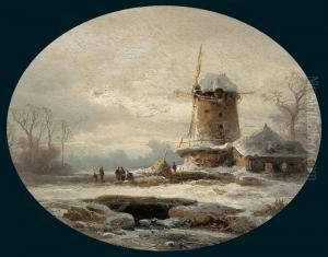 "ovale Romantische Winterlandschaft" Mit Personenstaffage by Colestin Brugner