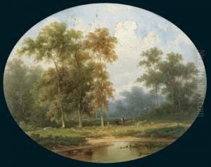 "ovale Romantische Waldlandschaft" Mit Personenstaffage by Colestin Brugner