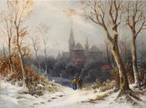 Figures In A Wintry Landscape, A Church Beyond by Colestin Brugner