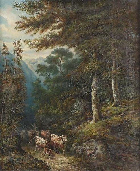 Hirte Mit Viehherde Auf Einem Waldweg. - view 1
