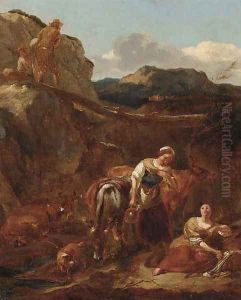 An Italianate mountain landscape with cattle and milkmaids in the foreground