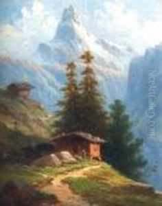 Alpenlandschaft Mit Berghutten Und Einer Frau Davor