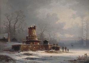 Figures By A Mill On A Frozen Waterway by Colestin Brugner