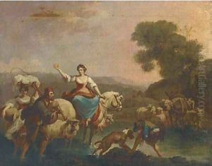 An Italianate river landscape with a shepherd and his flock and travellers by Nicolaes Berchem