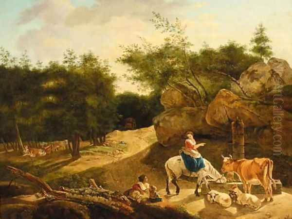 Figures with a horse, bull and sheep watering by a wooded track - view 1