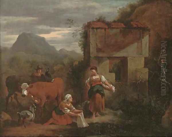 Peasants with cattle, a mountainous landscape beyond - view 1