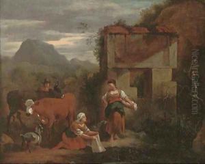Peasants with cattle, a mountainous landscape beyond by Nicolaes Berchem