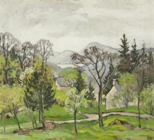 Spring Landscape With Chain Of Mountains In The Background by Hans Bruhlmann