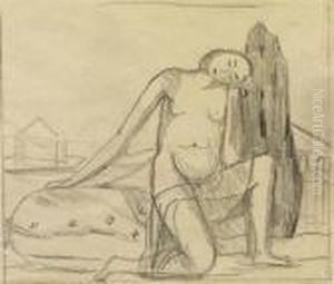 Kniender Frauenakt Mit Aufgestutztem Kopf Vor Garten by Hans Bruhlmann