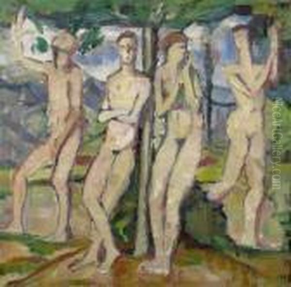 Four Figures In A Landscape. Oil On Canvas. Monogrammed Lower Right: Hb. - view 1