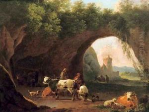 Peasants with their cattle and sheep by the entrance to a grotto by Nicolaes Berchem