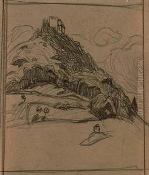 Bewaldeter Hugel Mit Burg, Um 1901 (ruckseitig: Skizze Des Gleichen Motivs) - view 1