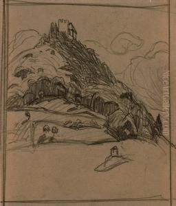 Bewaldeter Hugel Mit Burg, Um 1901 (ruckseitig: Skizze Des Gleichen Motivs) Bewaldeter Hugel Mit Burg, Um 1901 (ruckseitig: Skizze Des Gleichen Motivs)