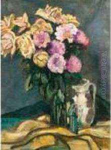 Rosen, Pfingstrosen Und Japanische Figur by Hans Bruhlmann