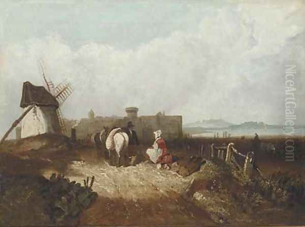 Figures resting by a windmill, a fortified town beyond - view 1