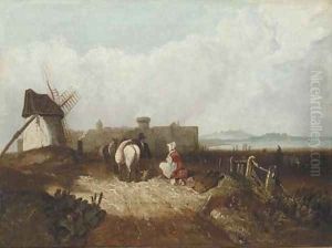 Figures resting by a windmill, a fortified town beyond by Richard Parkes Bonington