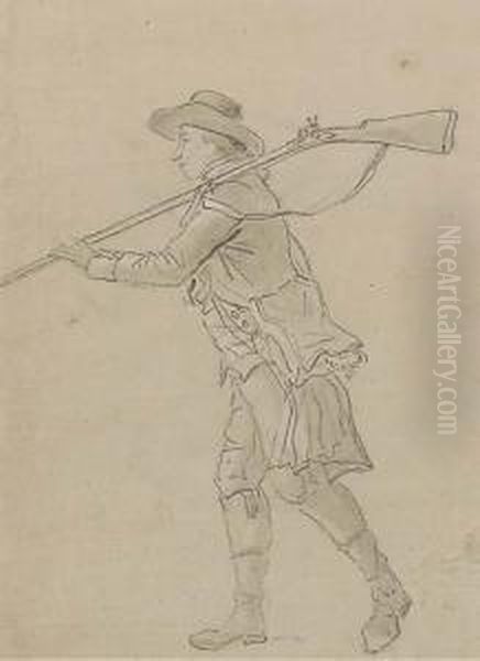 A Hunter In Profile To The Left Carrying A Rifle Over His Left Shoulder - view 1