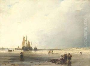 Fisherfolk on a beach at low tide by Richard Parkes Bonington