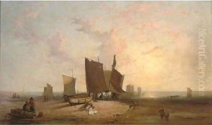 Low tide, fisherfolk on a beach unloading the catch by Richard Parkes Bonington