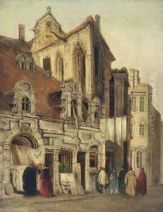 Figures conversing before a gothic church