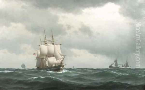 Tall ships and a steamer on open sea - view 1