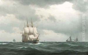 Tall ships and a steamer on open sea