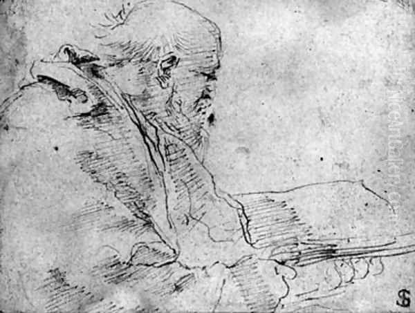 An old man reading a book, bust-length - view 1