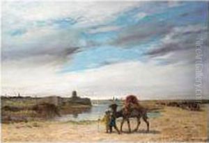 Travellers By The Nile, Signed, Oil On Canvas, 63.5 X 91 Cm.; 25 X 36 In by Pierre Auguste Brunet-Houard