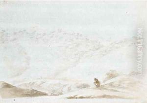A mountainous landscape with a harvester in the foreground, a farmhouse beyond by Stefano della Bella