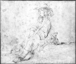 A seated huntsman with a dog sleeping at his feet by Stefano della Bella