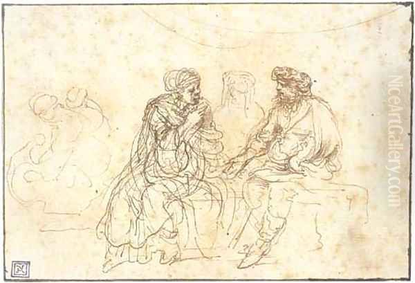Three figures seated on a bench - view 1