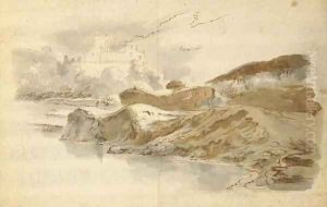 A river landscape with a medieval castle in the background, a traveller on horseback in the foreground by Stefano della Bella