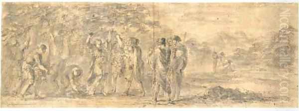 Figures picking grapes in an extensive mountainous landscape - view 1