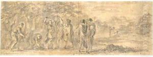 Figures picking grapes in an extensive mountainous landscape by Stefano della Bella