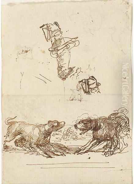 A caricature, a head and a dog - view 1