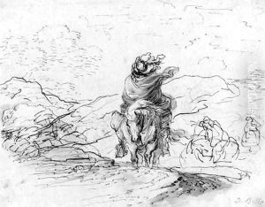 A horseman wrapped in a cloak fighting against the wind in an extensive landscape by Stefano della Bella