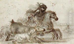 A huntsman and two hounds overtaking a stag by Stefano della Bella