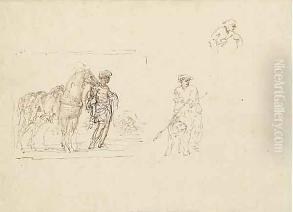 A moor holding a horse saddled with a leopard skin and studies of a figure holding a dog and another figure - view 1