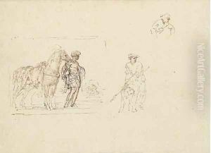 A moor holding a horse saddled with a leopard skin and studies of a figure holding a dog and another figure by Stefano della Bella